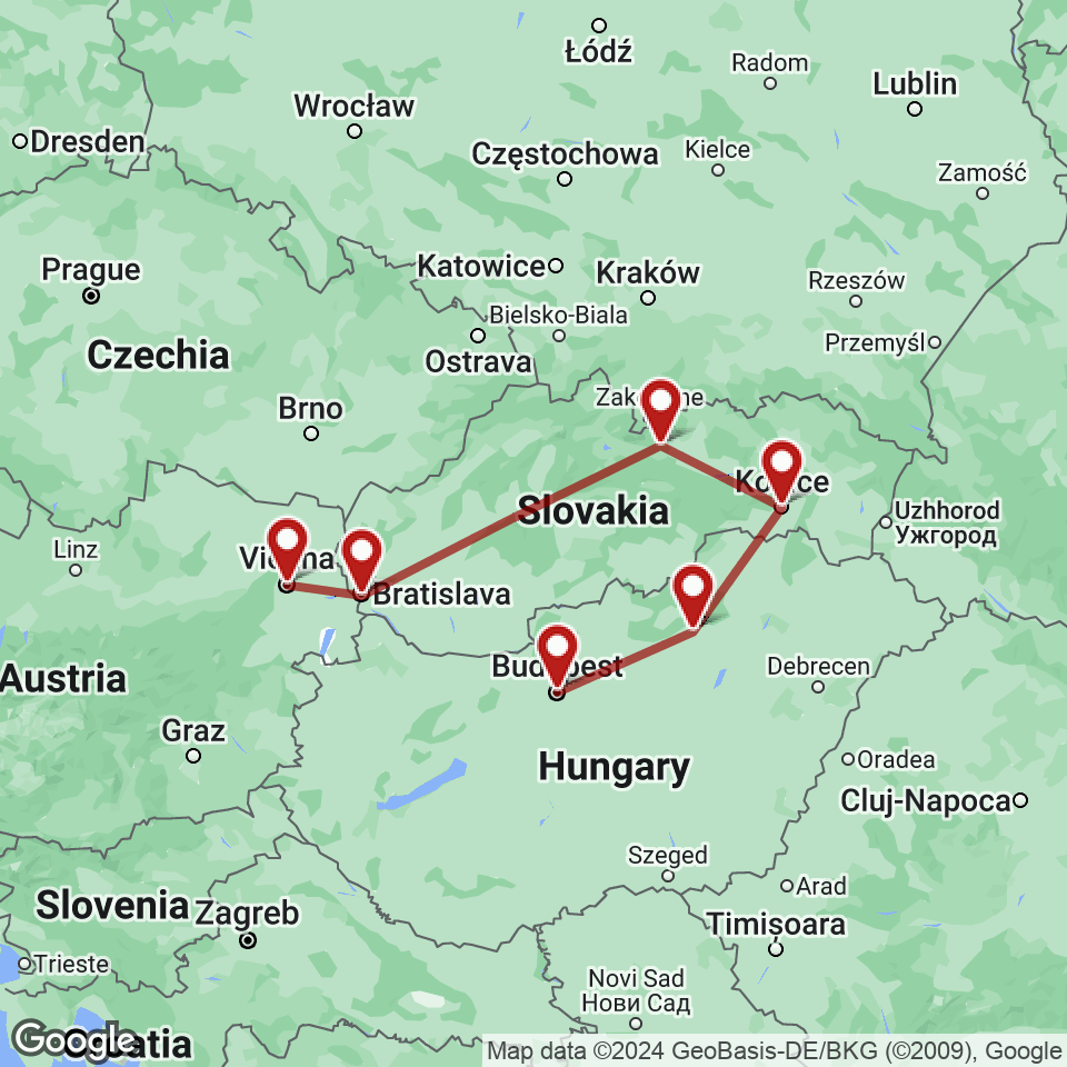 Route for Budapest, Eger, Kosice, High Tatras, Bratislava, Vienna tour